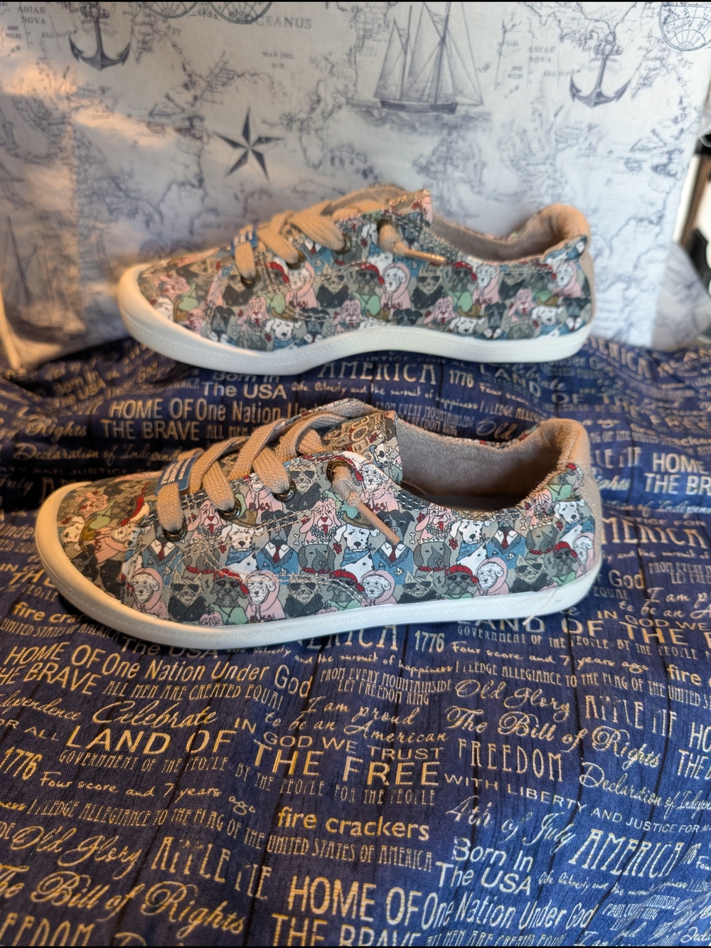 BOBS by Skechers Floral & Cat Print Slip-On Sneakers - Green/Tan - Picture 2 of 8